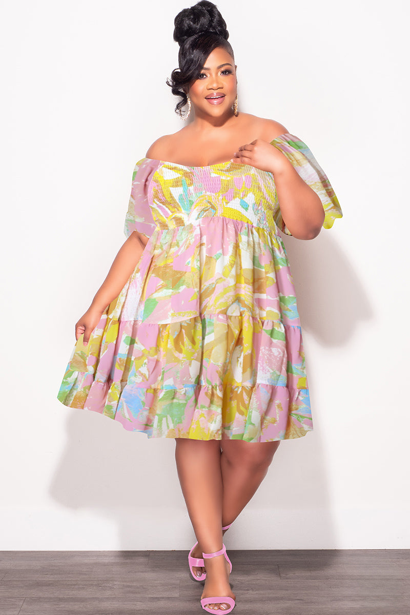 Final Sale Plus Size Smocked Chiffon Baby Doll Dress in Pink & Yellow Print