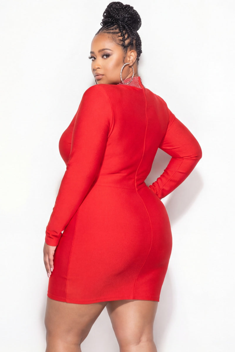 Final Sale Plus Size Bandage Mini Dress in Red with Iridescent Stones