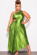 Final Sale Plus Size One Shoulder Asymmetric Pleated Dress with Cut Out in Metallic Moss Green
