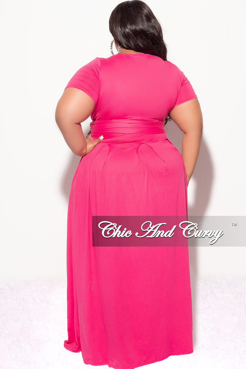 Final Sale Plus Size 2pc Short Sleeve Tie Top and Skirt Set in Fuchsia Pink