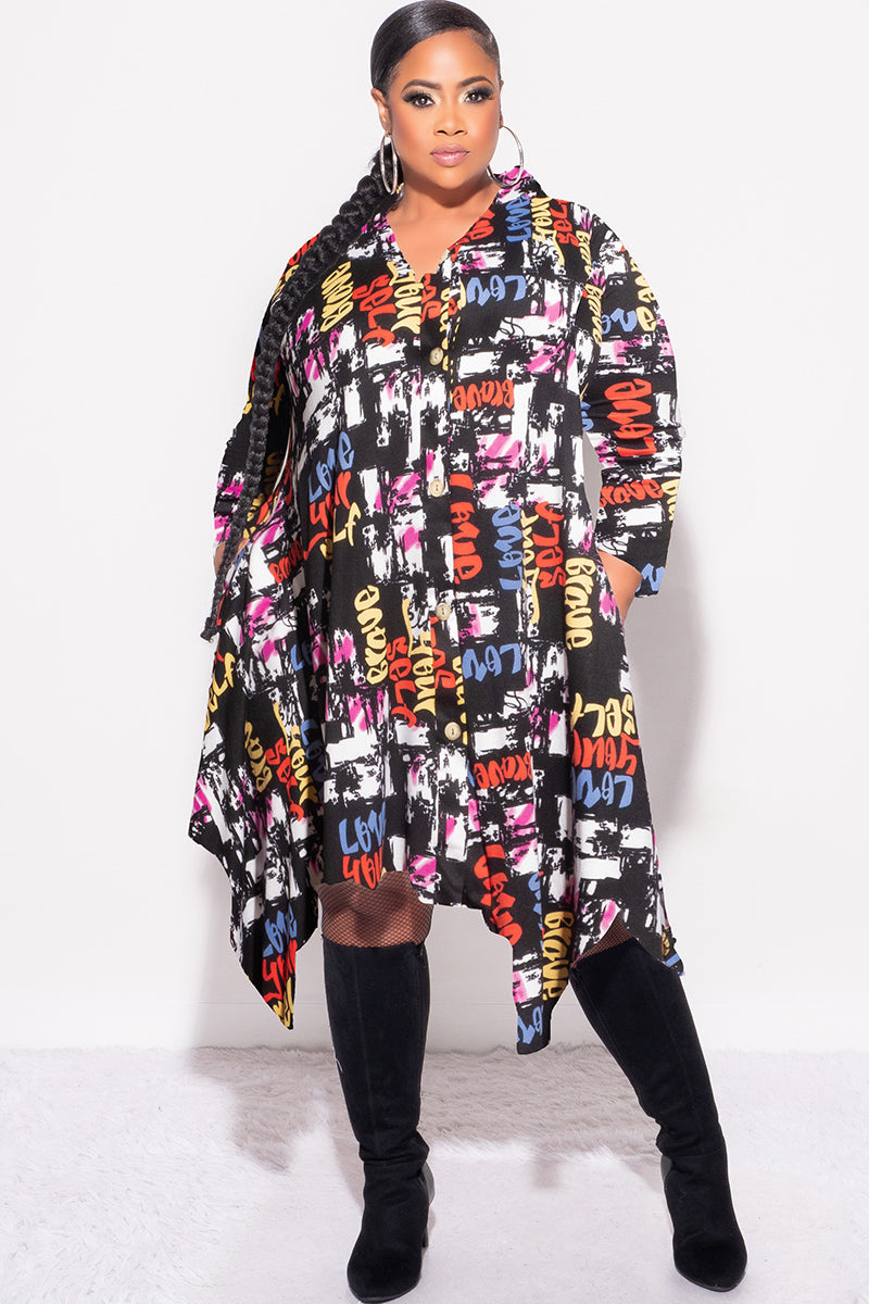 Final Sale Plus Size Hi-Low Shirt Dress in Multi Color Love Print