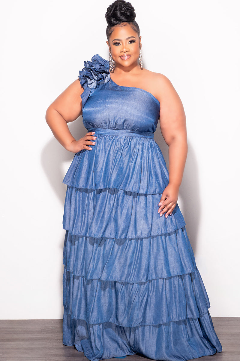 Final Sale Plus Size One Shoulder Bow Multi Layered Ruffle Dress in Chambray Blue