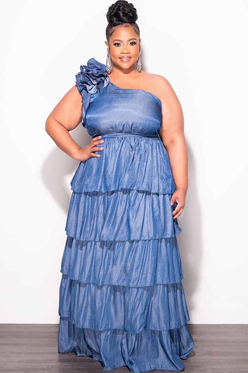 Final Sale Plus Size One Shoulder Bow Multi Layered Ruffle Dress in Chambray Blue