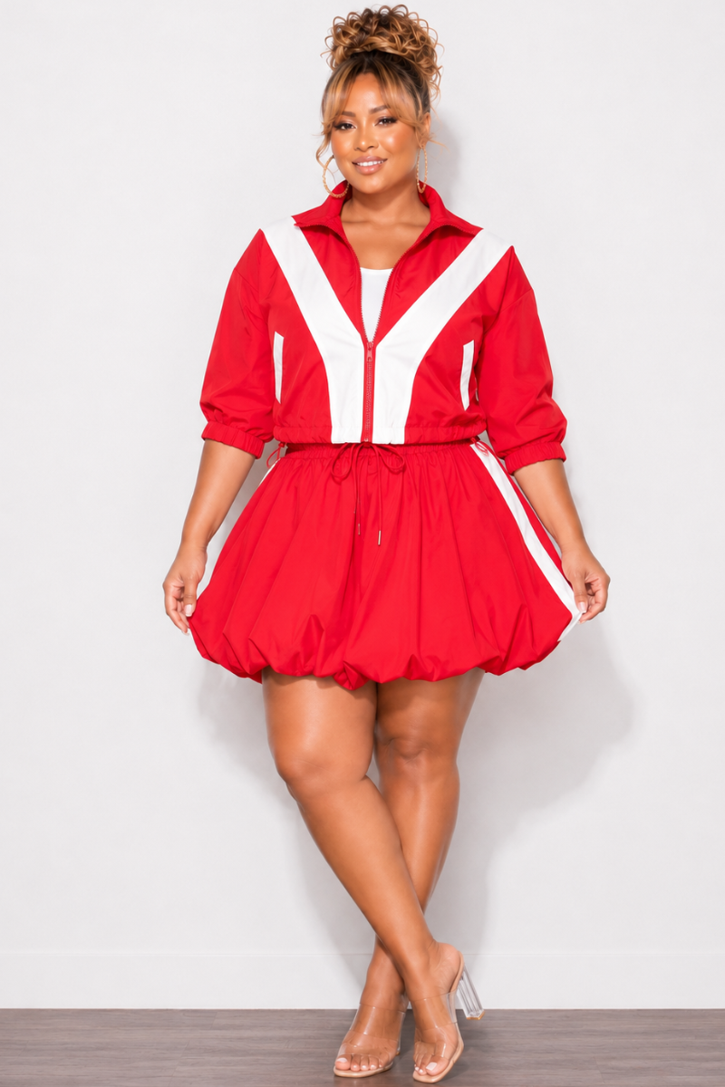 Final Sale Plus Size (Windbreaker Fabric) 2pc Skirt Set in Red with White Stripes