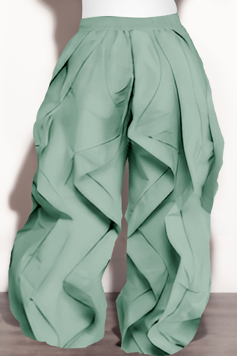 Final Sale Plus Size Wide Leg Drawstring Oversized Windbreaker Wavy Pants in Sage Green
