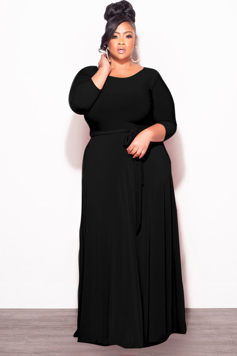 Final Plus Size Long Dress with 3/4 Sleeve and Tie in Black