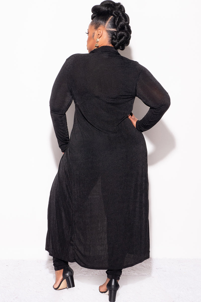 Final Sale Plus Size 2pc Set Duster Top with Front Gold Buttons and Matching Pants in Black Slinky Fabric