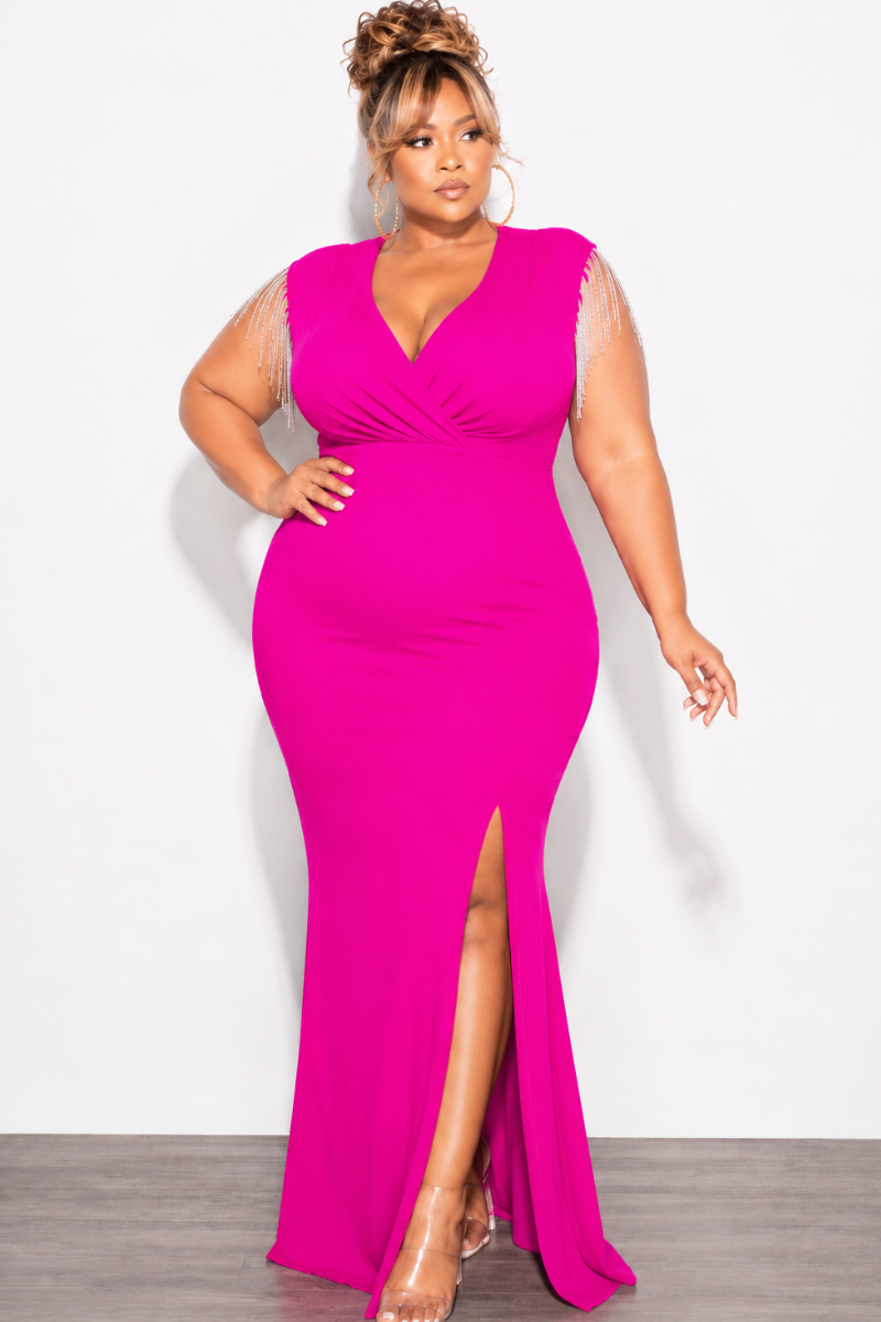 Final Sale Plus Size Faux Wrap Rhinestone Fringe Sleeve Maxi Dress in Fuchsia
