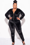 Final Sale Plus Size 2pc Ruched Hooded Zip-Up Top and Pants Set in Black Velvet
