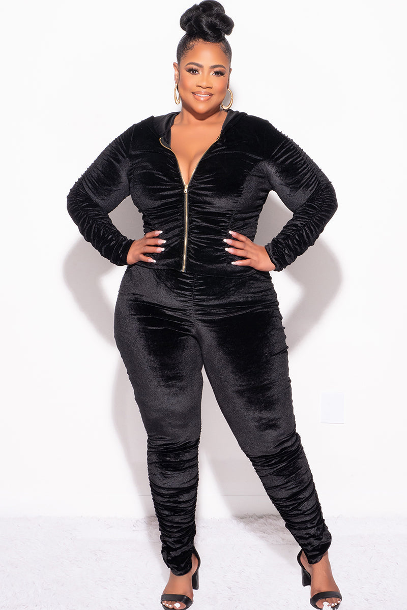 Final Sale Plus Size 2pc Ruched Hooded Zip-Up Top and Pants Set in Black Velvet