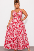 Final Sale Plus Size Halter Tiered Dress in Tomato Red & Off White Print