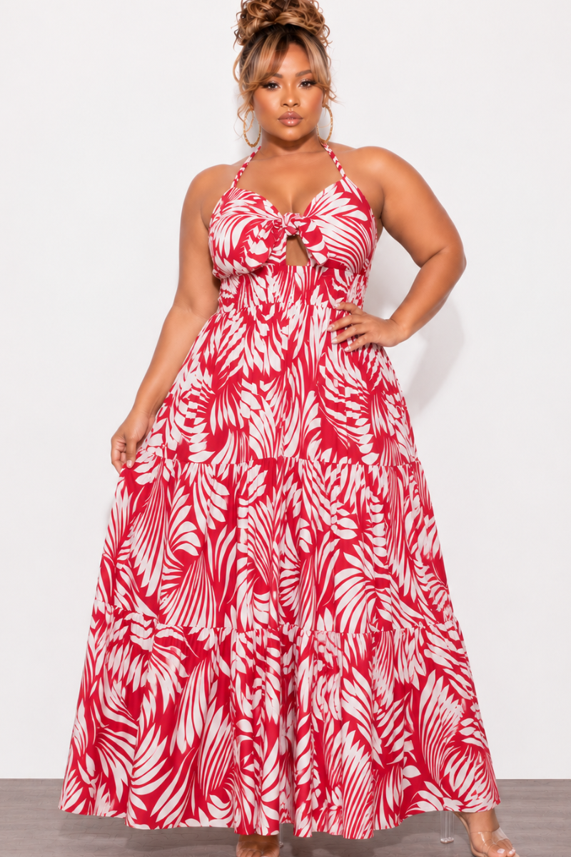 Final Sale Plus Size Halter Tiered Dress in Tomato Red & Off White Print