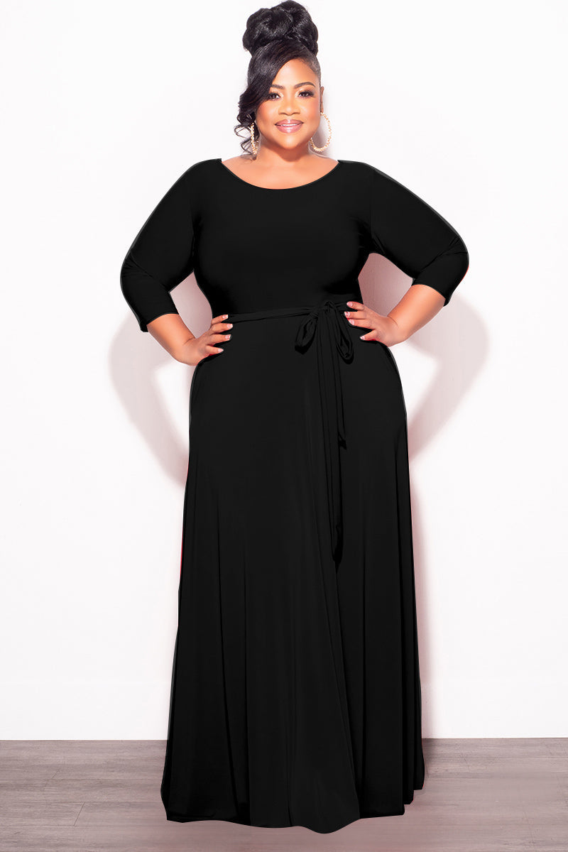 Final Plus Size Long Dress with 3/4 Sleeve and Tie in Black