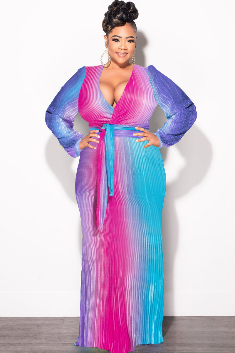 Final Sale Plus Size 2pc Long Sleeve Crop Tie Top and Skirt Set in Pleated Purple Magenta and Turquoise