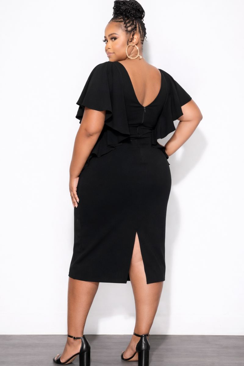 Final Sale Plus Size Flutter Sleeve BodyCon Dress in Black