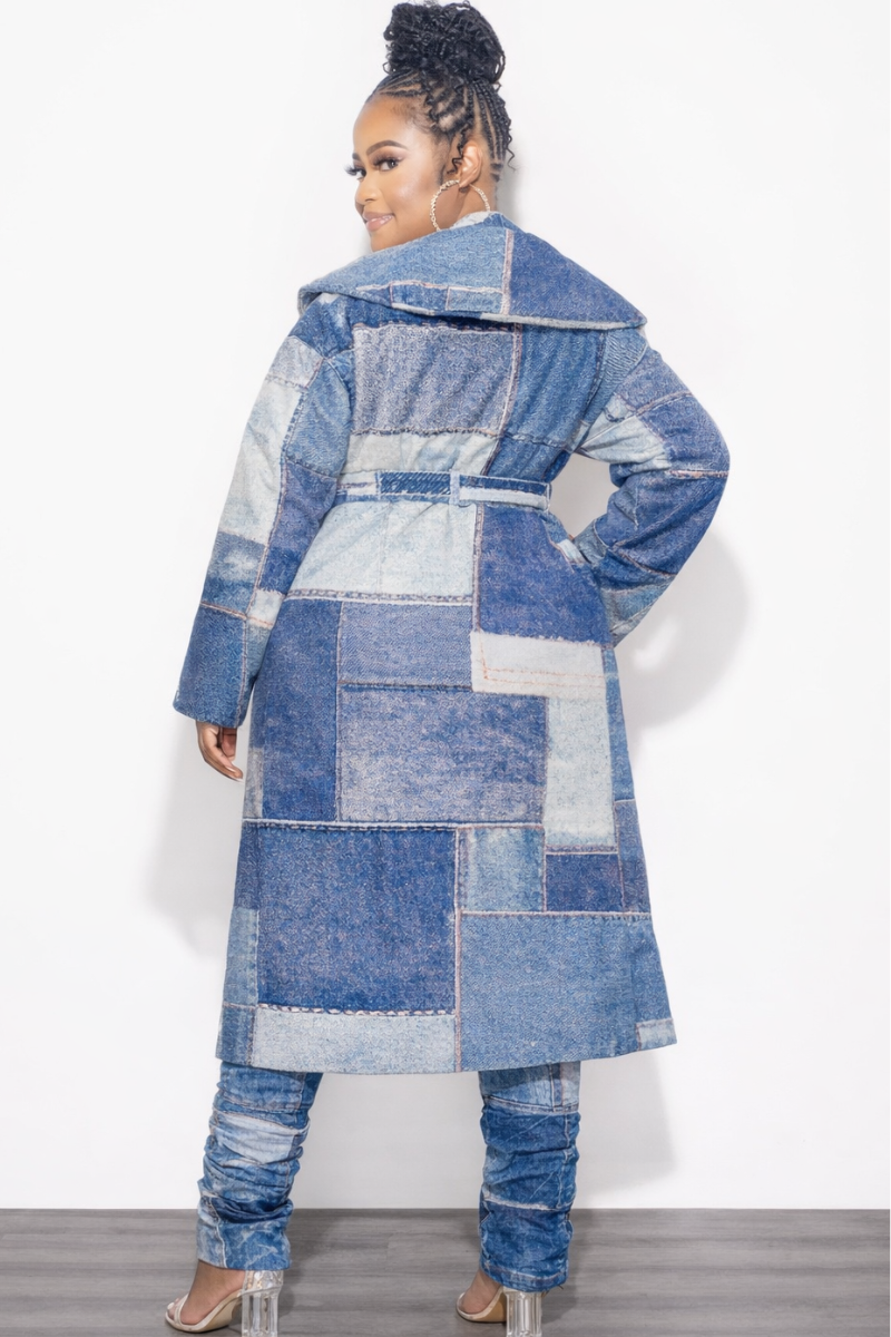Final Sale Plus Size Faux Denim Printed Patchwork Print Coat