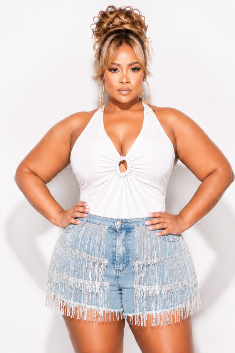 Final Sale Plus Size Halter Top in Ivory with Covered Gold Ring