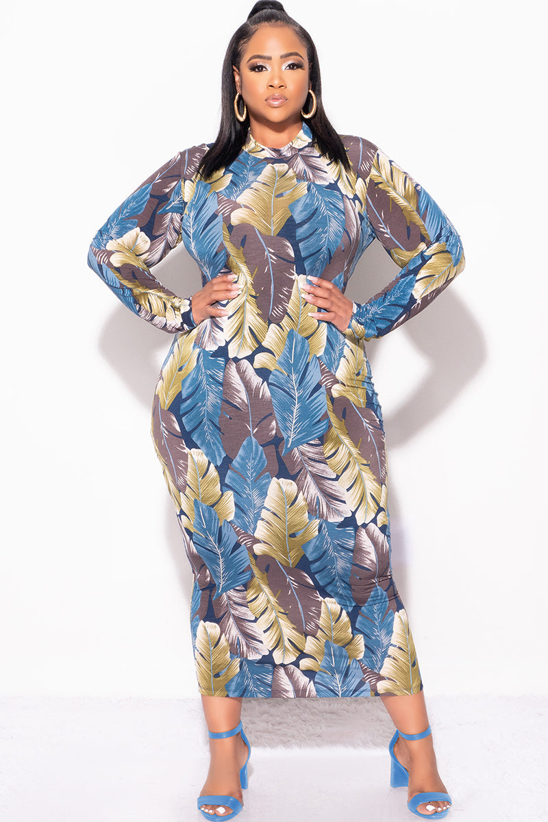 Final Sale Plus Size Reversible BodyCon Midi Dress in Leaf Print