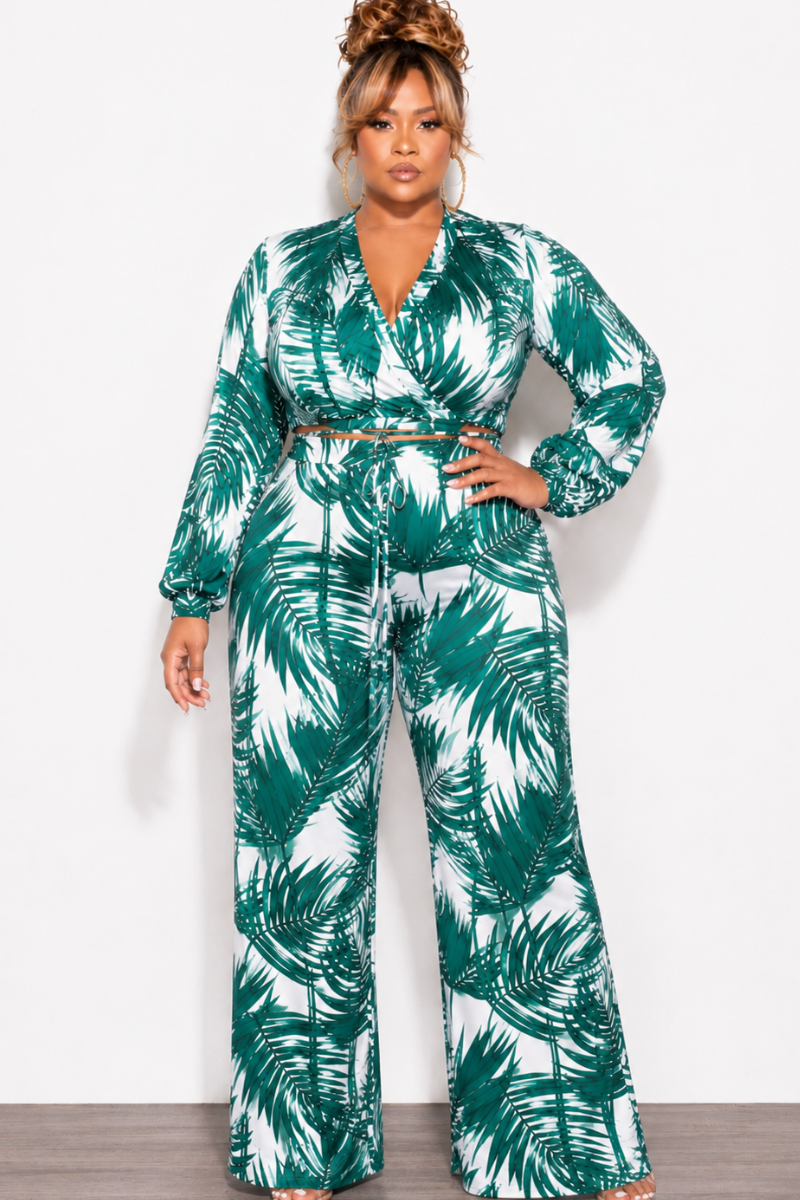 Final Sale Plus Size 2pc Crop Top & Palazzo Pant Set in Green Palm Print