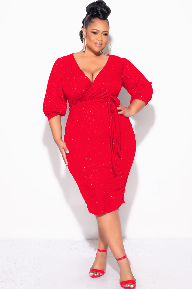 Final Sale Plus Size Faux Wrap BodyCon Dress with Waist Tie in Red Glitter