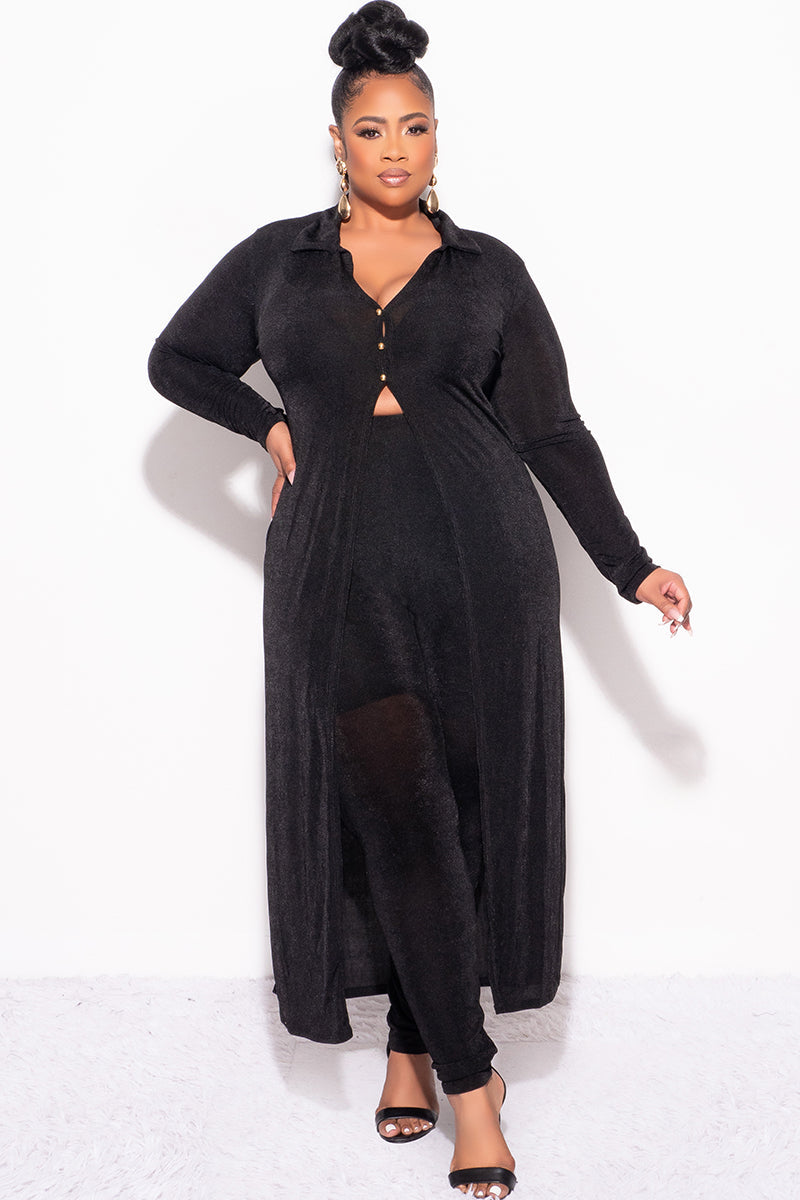 Final Sale Plus Size 2pc Set Duster Top with Front Gold Buttons and Matching Pants in Black Slinky Fabric