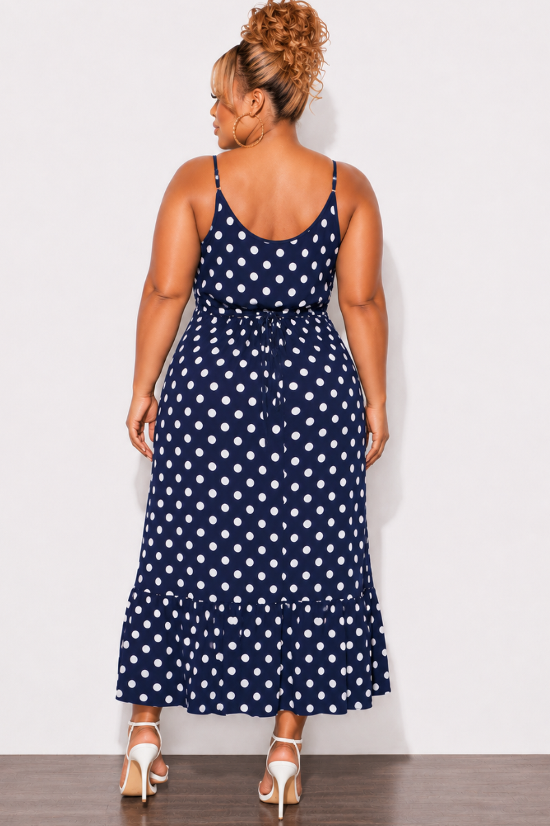 Final Sale Plus Size Spaghetti Strap Maxi Dress in Navy with White Polka Dots
