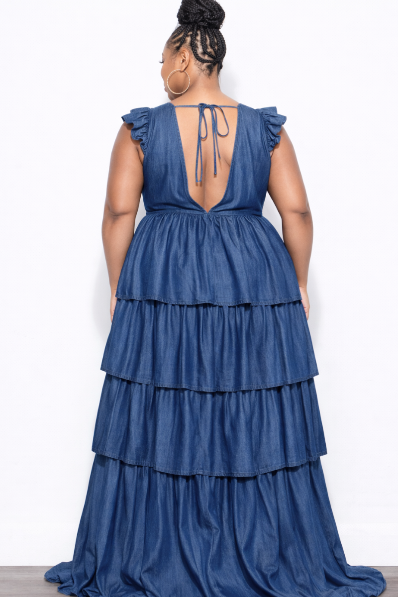 Final Sale Plus Size Multi Layered Ruffle Chambray Dress in Dark Denim