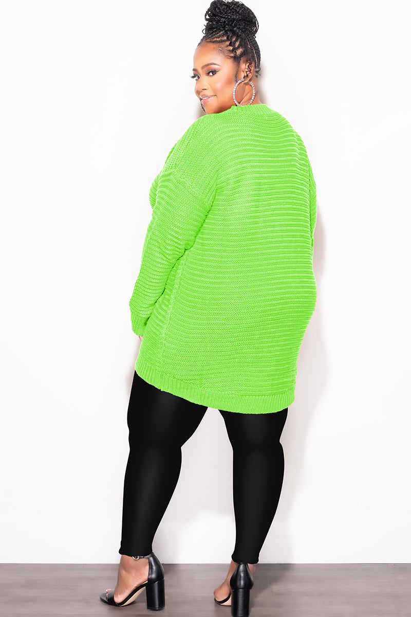 Final Sale Plus Size Long Sleeve Round Neck Knitted Tunic Dress in Neon Green