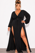 Final Sale Plus Size Ruched Maxi Dress with Double Slits in Black