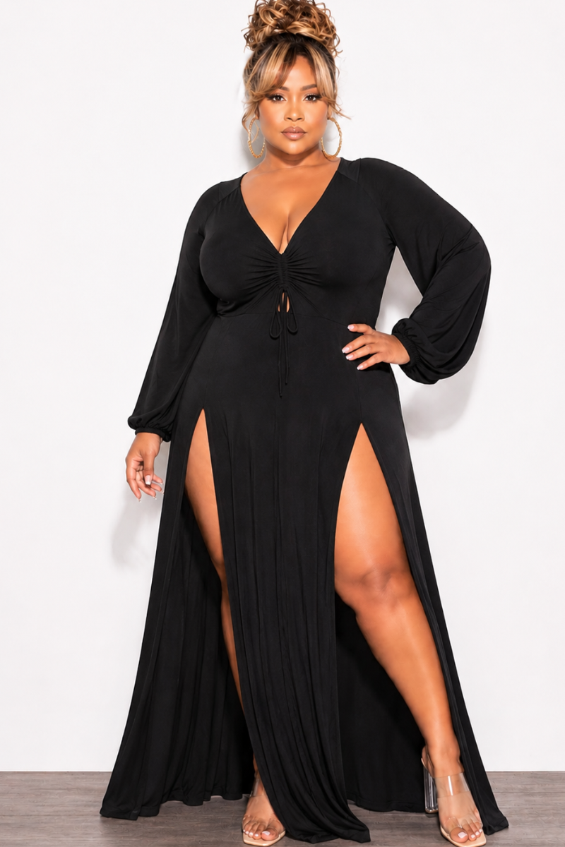 Final Sale Plus Size Ruched Maxi Dress with Double Slits in Black