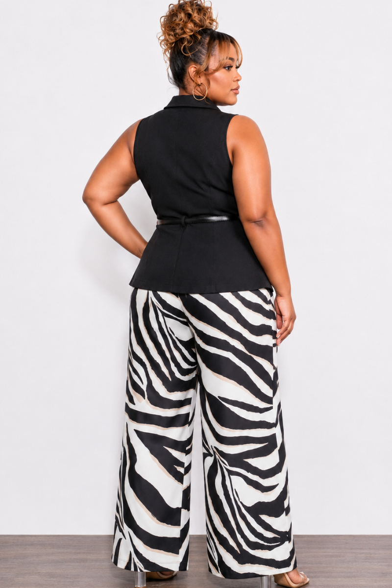 Final Sale Plus Size 2pc Sleeveless Black Belted Vest and Linen Pant Set in Black & Brown Mixed Zebra Print