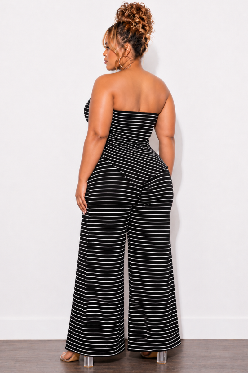 Final Sale Plus Size 2pc Tube Top and Wide Leg Pant Set In Black & White Stripe
