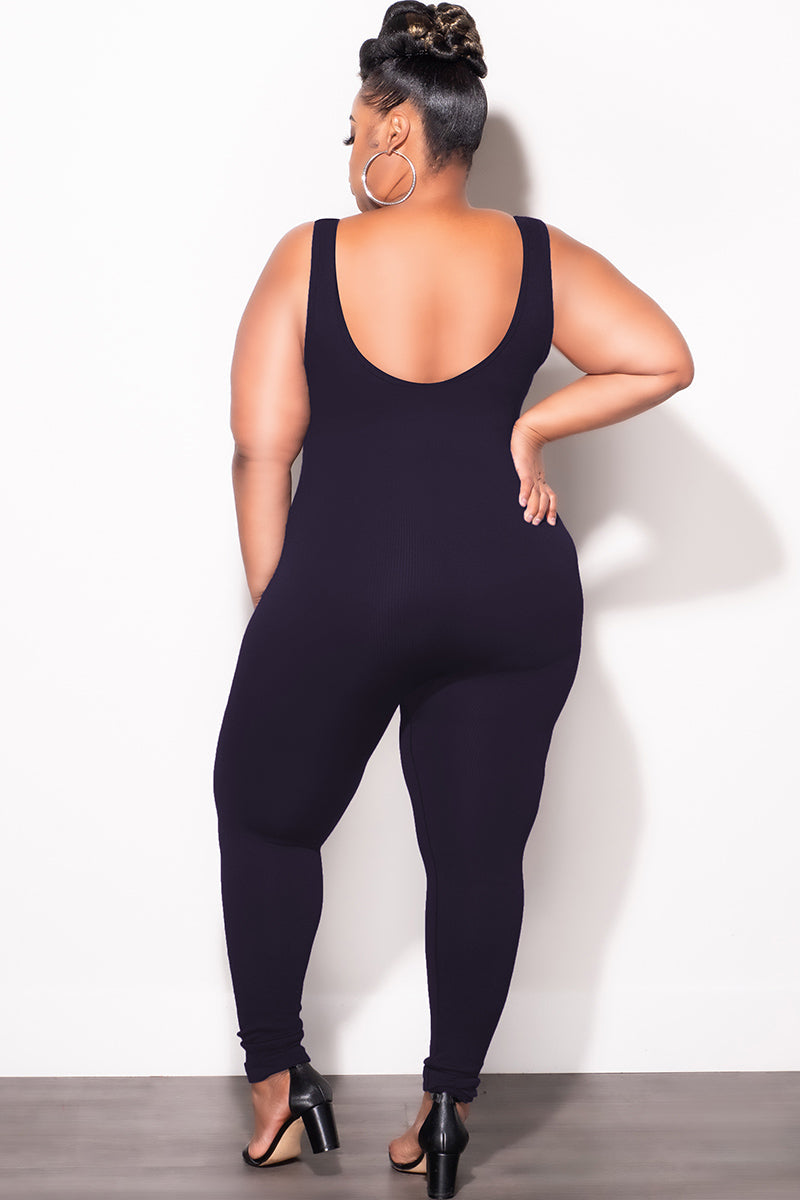 Final Sale Plus Size tick Ribbed Catsuit Unitard in Black