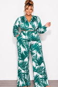 Final Sale Plus Size 2pc Crop Top & Palazzo Pant Set in Green Palm Print