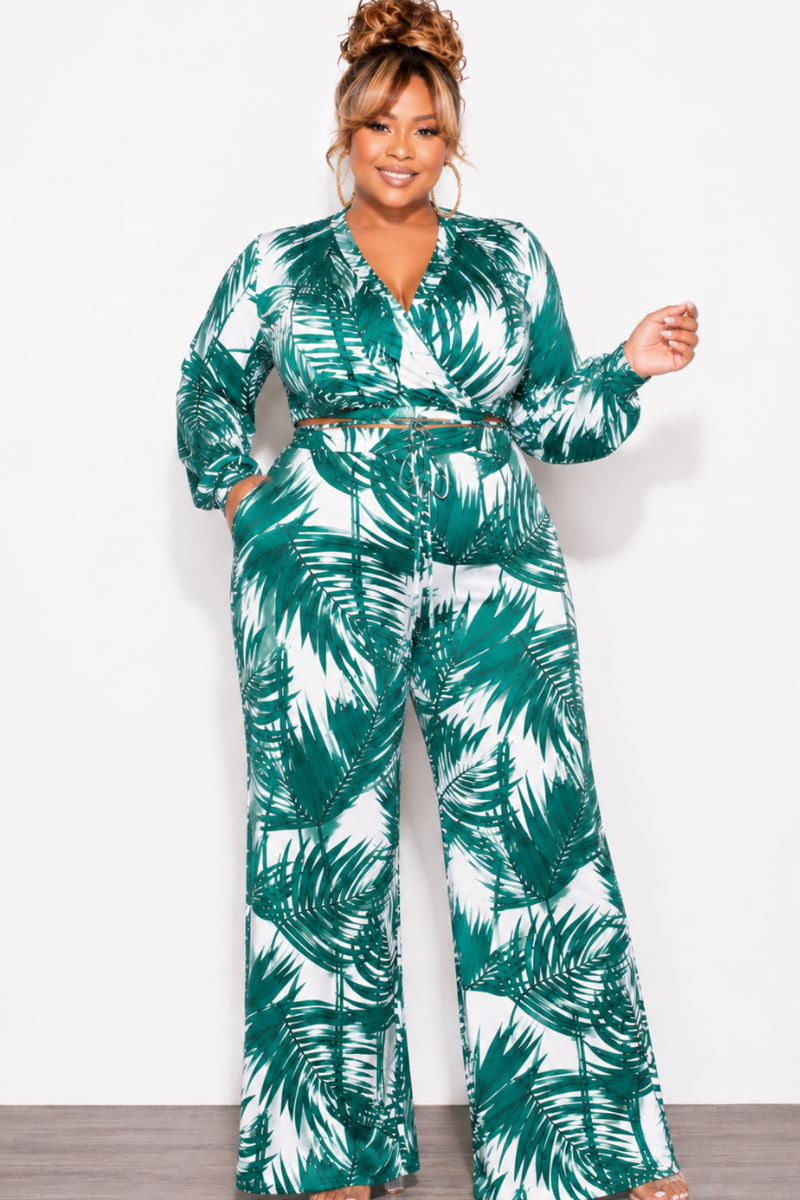 Final Sale Plus Size 2pc Crop Top & Palazzo Pant Set in Green Palm Print