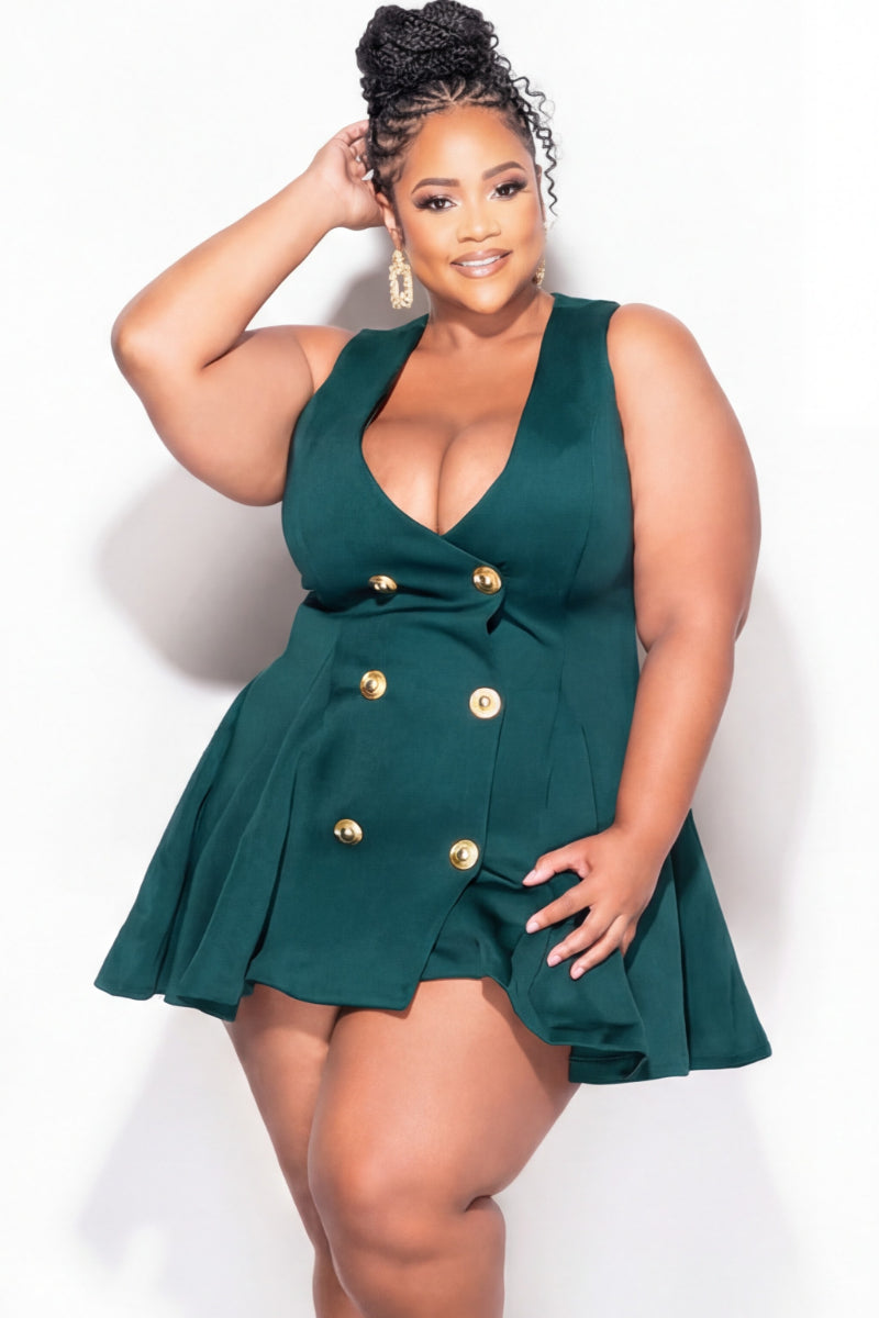 Final Sale Plus Size Sleeveless Scuba Baby Doll Dress with Gold Buttons in Teal