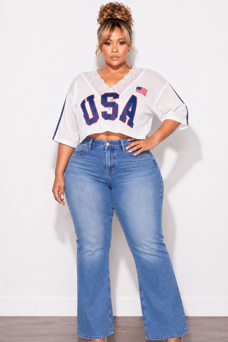 Final Sale Plus Size USA Cropped Jersey in White with Lace Trim