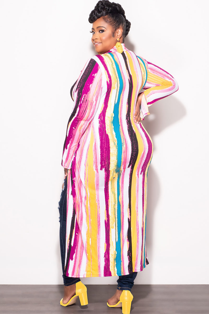 Final Sale Plus Size Ribbed Collar Button Up High-Low Top in Mustard Multi Color Print