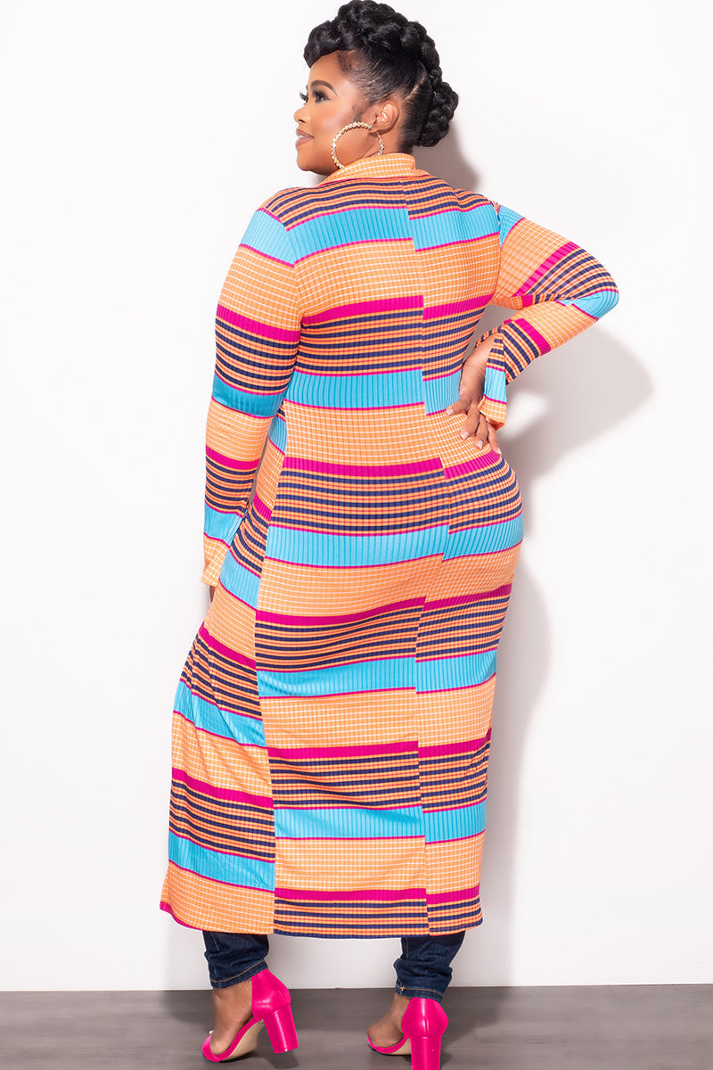 Final Sale Plus Size Ribbed Collar Button Up High-Low Top in Orange Multi Color Print