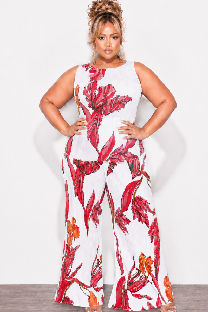 Final Sale Plus Size 2pc Sleeveless Wide Leg Pant Set in Red & White Print