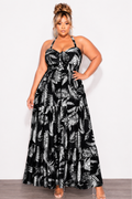 Final Sale Plus Size Halter Tiered Dress in Black and White Leaf Print
