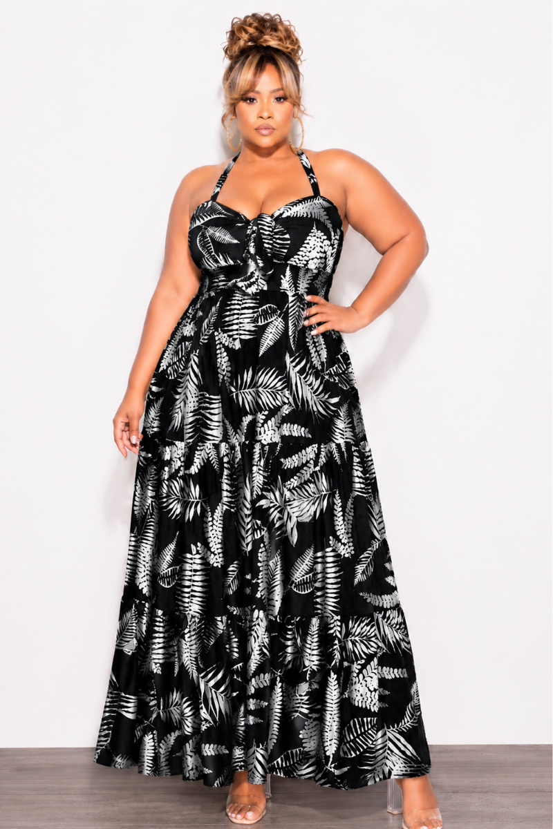 Final Sale Plus Size Halter Tiered Dress in Black and White Leaf Print