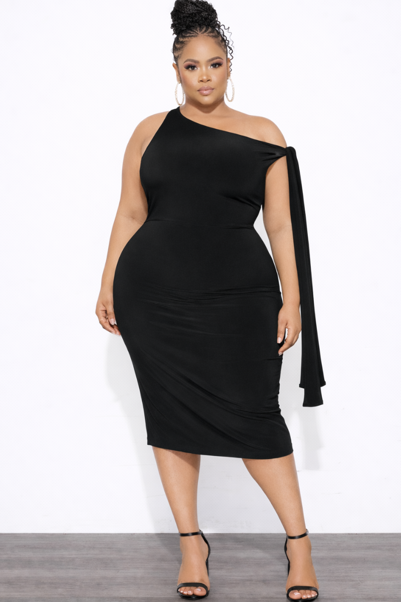 Final Sale Plus Size One Shoulder Midi Dress in Black