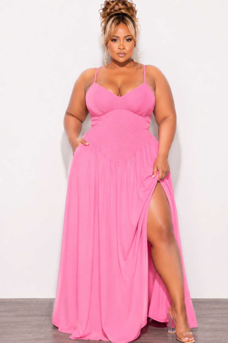 Final Sale Plus Size Poplin Smocked Top Spaghetti Strap Maxi Dress In Pink