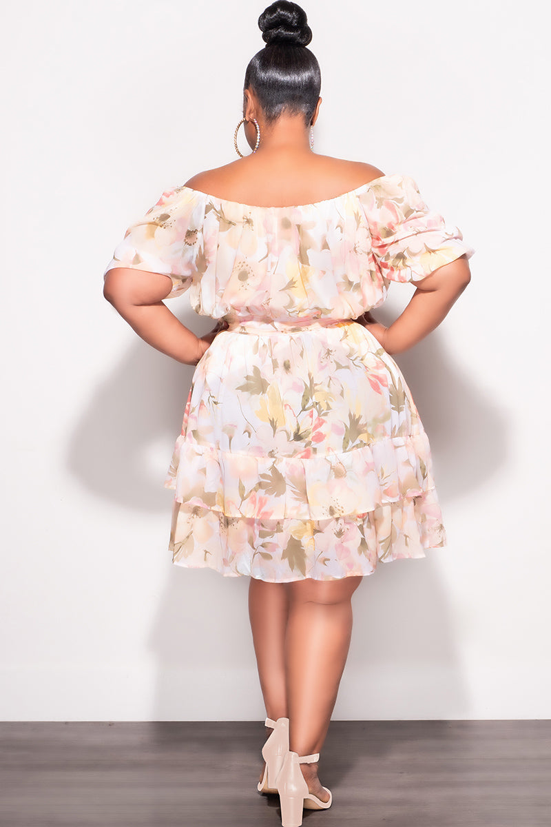 Final Sale Plus Size Chiffon Dress in Beige, Green, & White Floral Print