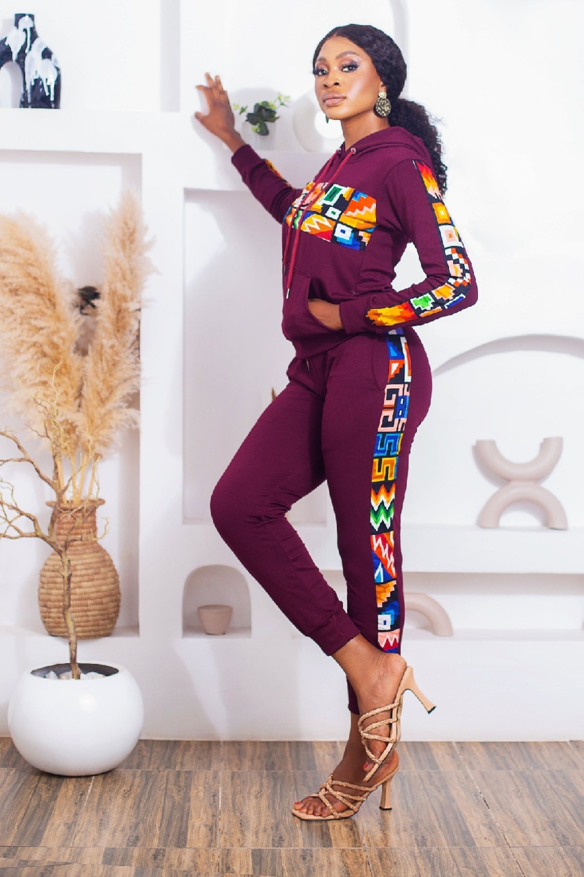 Nala African Print Jogger Set (Wine)