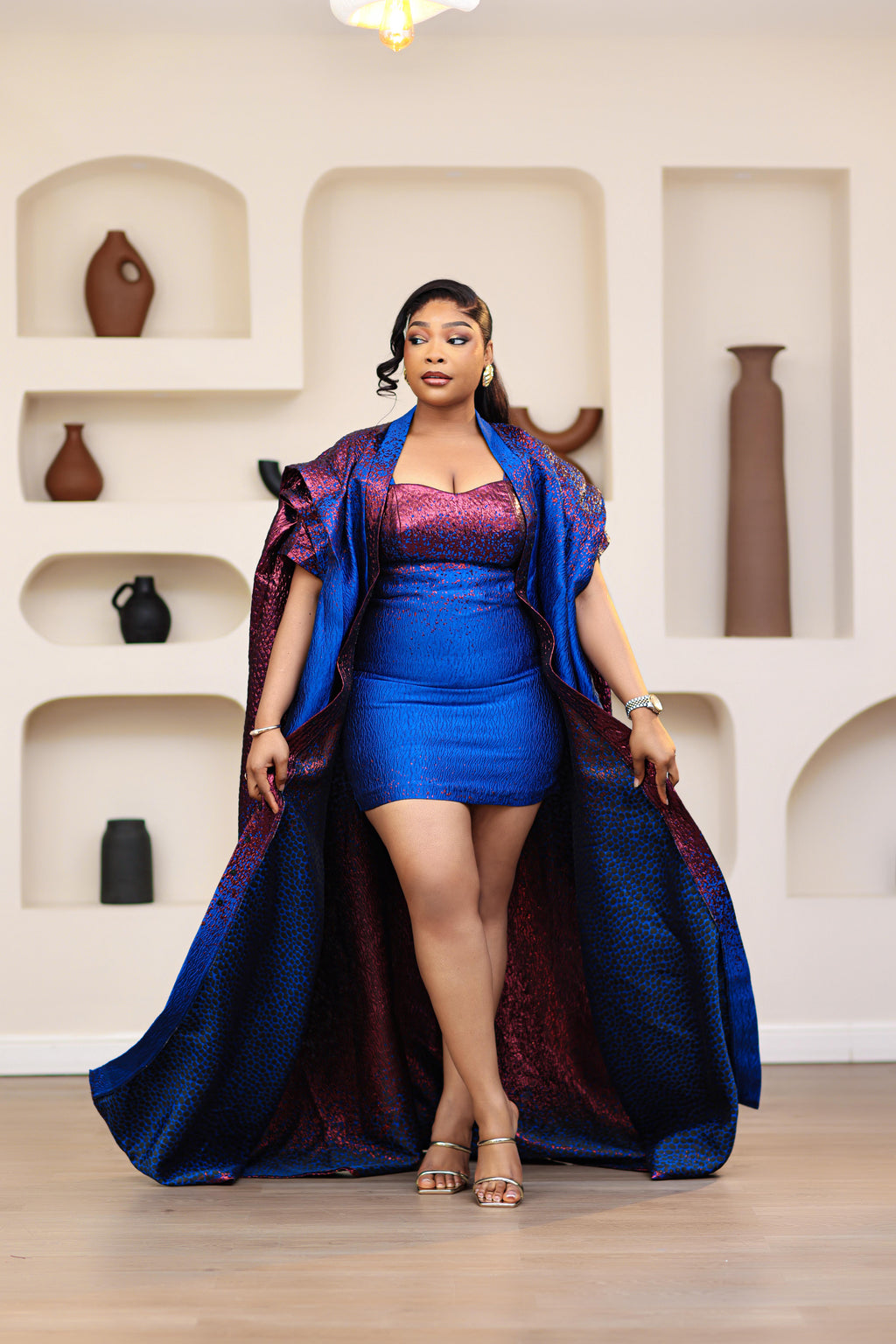 Ayaba Brocade Boubou & Mini dress set (blue & pink)