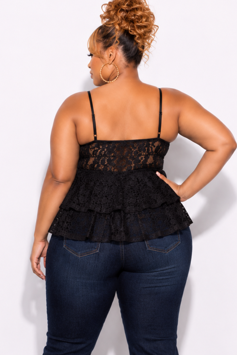 Final Sale Plus Size Lace Halter Top in Black with Ruffle Middle
