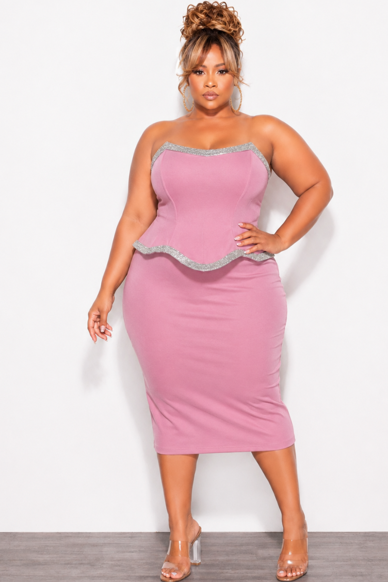 Final Sale Plus Size Lux Strapless Dress with Bling Trim in Rose Pink