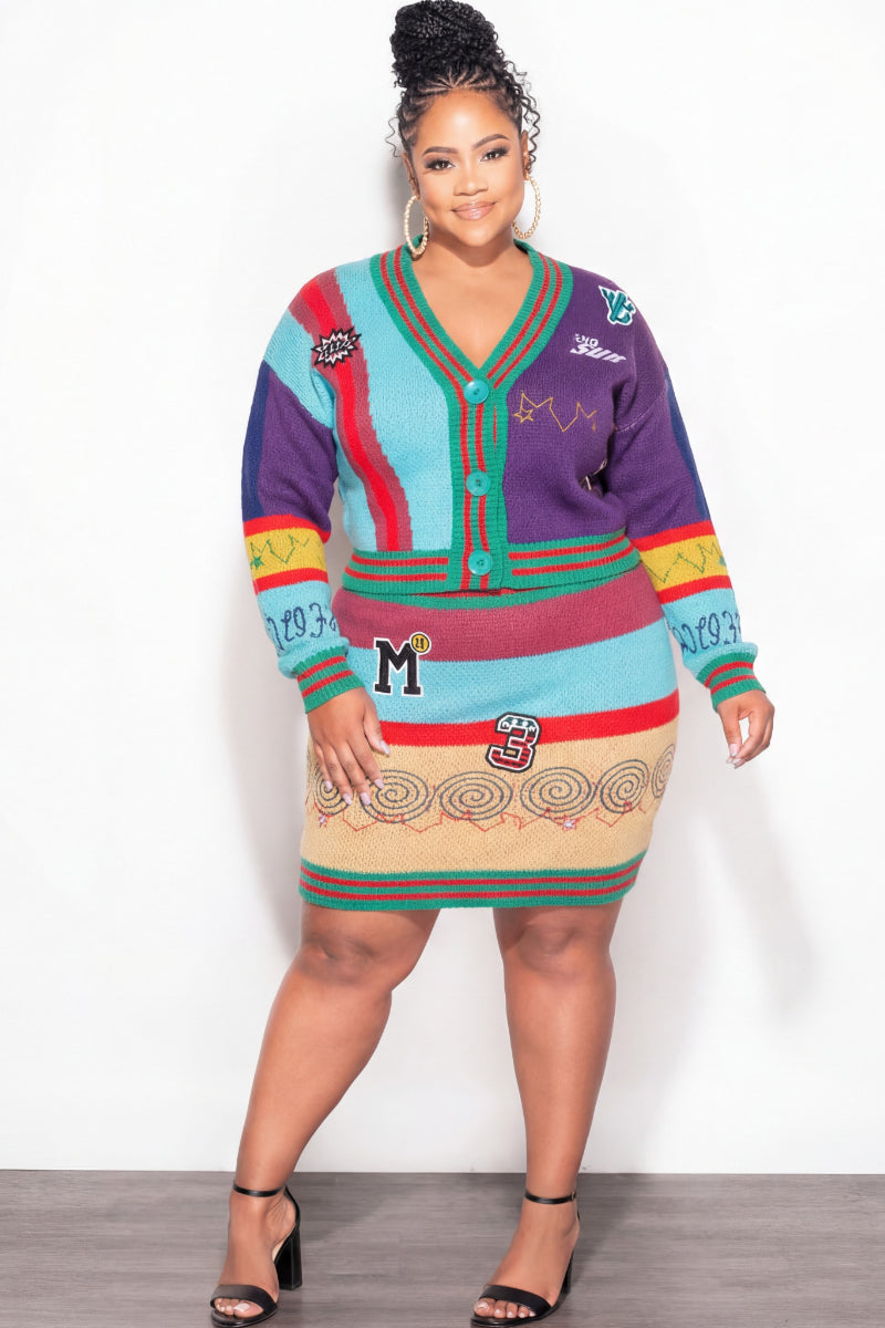 Final Sale Plus Size Knit Sweater Mini Skirt 2pc Set in Multi Color